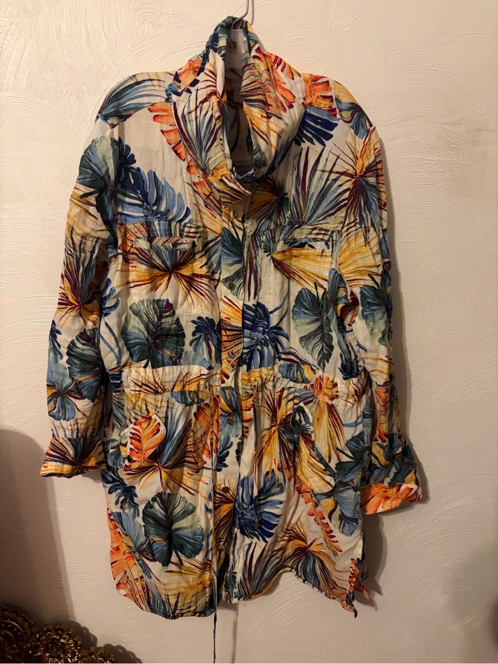 Chico's Tropical Leaf Print Lightweight Jacket - White, Blue, Yellow